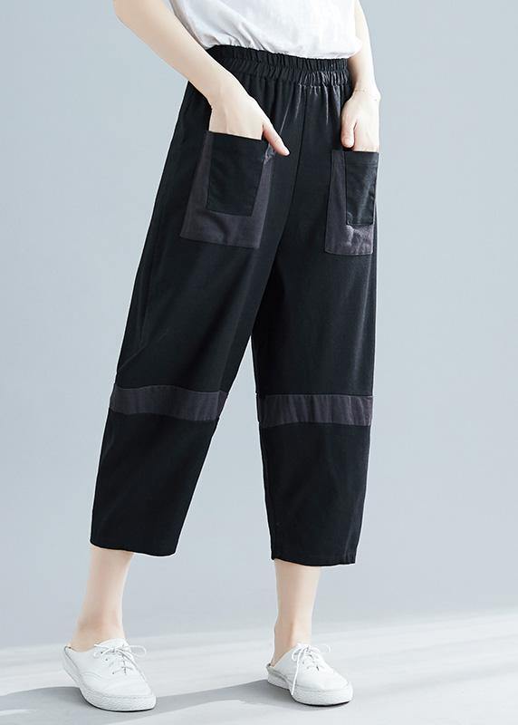 Summer New Black Blended Cotton Pants Elastic Crop Pants