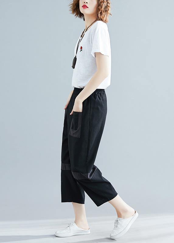 Summer New Black Blended Cotton Pants Elastic Crop Pants