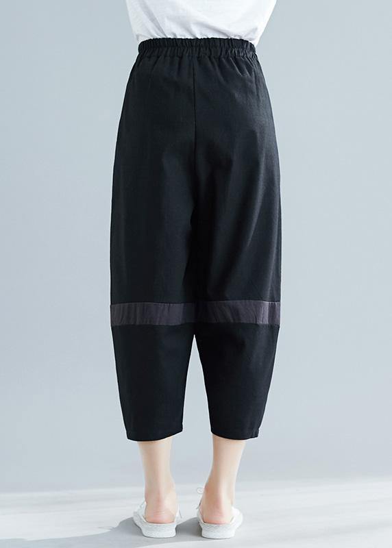 Summer New Black Blended Cotton Pants Elastic Crop Pants