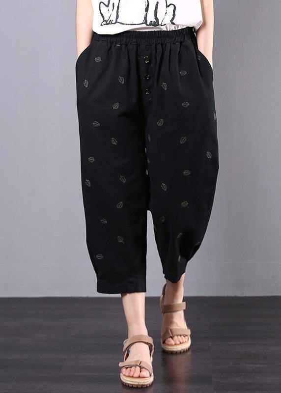 Summer New Black Leaf Embroidery Seven Points Elastic Waist Pants