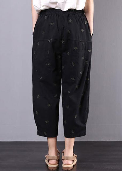 Summer New Black Leaf Embroidery Seven Points Elastic Waist Pants