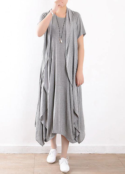 Summer New Gray Original Design Striped Dress Long Dresses and Vest Outside Wearing Suit