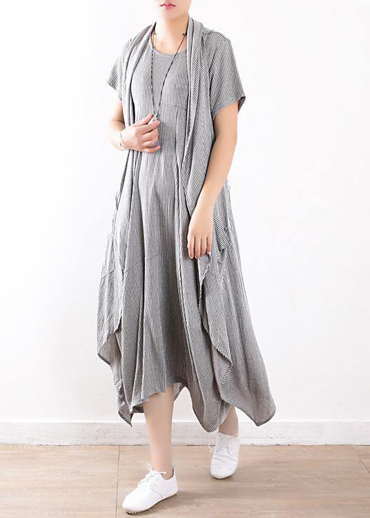 Summer New Gray Original Design Striped Dress Long Dresses and Vest Outside Wearing Suit