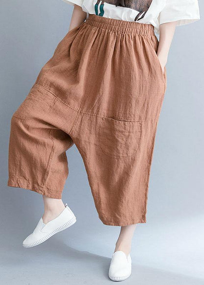 Summer New Khaki Cotton Linen Pants Elastic Waist Crop Pants