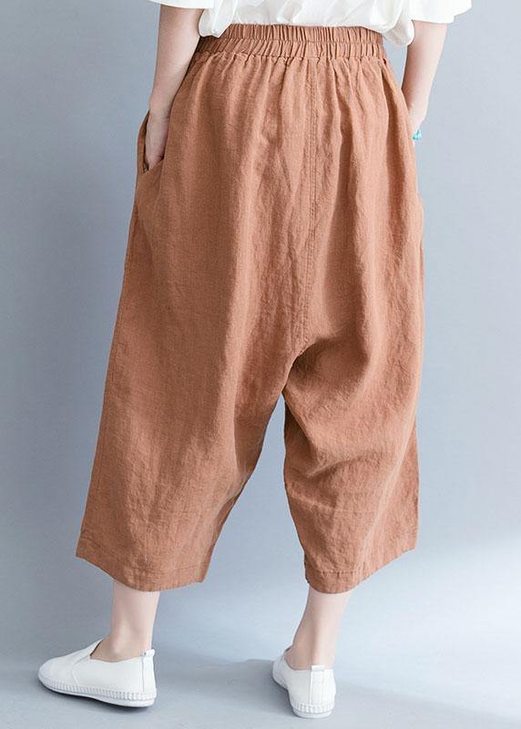 Summer New Khaki Cotton Linen Pants Elastic Waist Crop Pants