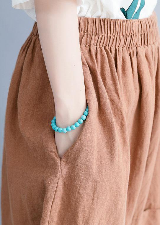 Summer New Khaki Cotton Linen Pants Elastic Waist Crop Pants