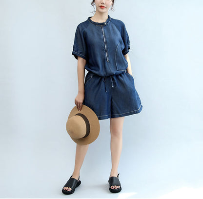 Summer New Navy Stylish Cotton Short Sleeve Tops and Jumpsuit Shorts