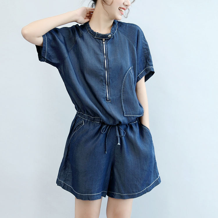 Summer New Navy Stylish Cotton Short Sleeve Tops and Jumpsuit Shorts
