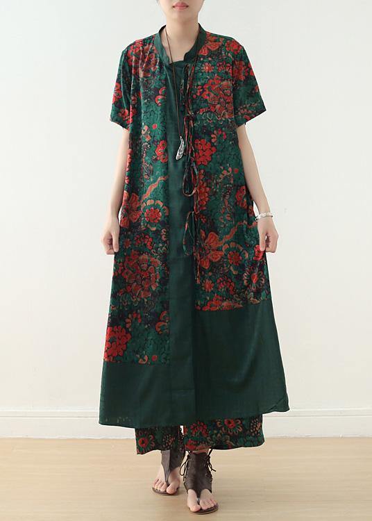 Summer Silk Blended Two Pieces V Neck Short Sleeve Cardigan With Elastic Waist Wide Leg Pants