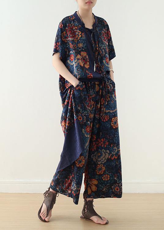 Summer Silk Blended Two Pieces V Neck Short Sleeve Cardigan With Elastic Waist Wide Leg Pants