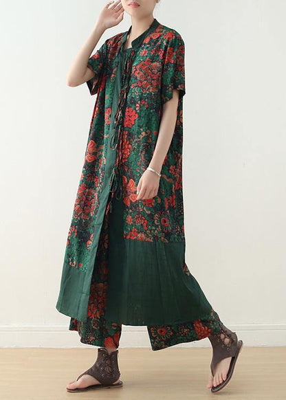 Summer Silk Blended Two Pieces V Neck Short Sleeve Cardigan With Elastic Waist Wide Leg Pants