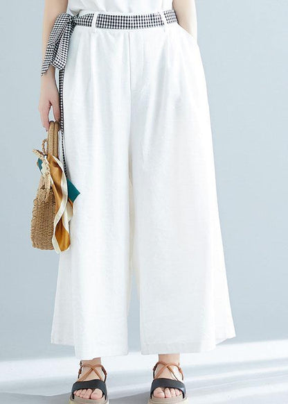 Summer White Cotton Trousers Loose Tie Waist Wide Leg Pants