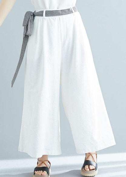 Summer White Cotton Trousers Loose Tie Waist Wide Leg Pants