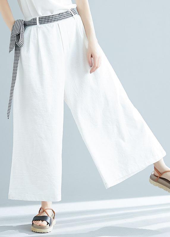 Summer White Cotton Trousers Loose Tie Waist Wide Leg Pants