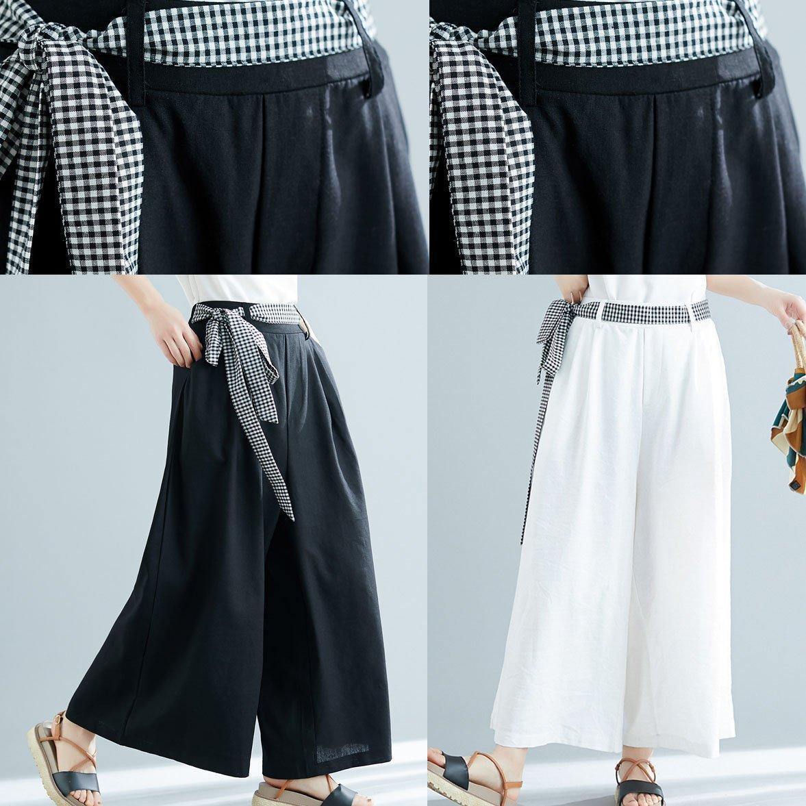Summer White Cotton Trousers Loose Tie Waist Wide Leg Pants