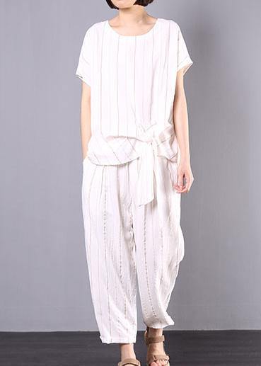 Summer White Striped Linen Tie Hem Tops and Elastic Waist Pants Two Pieces