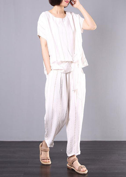 Summer White Striped Linen Tie Hem Tops and Elastic Waist Pants Two Pieces
