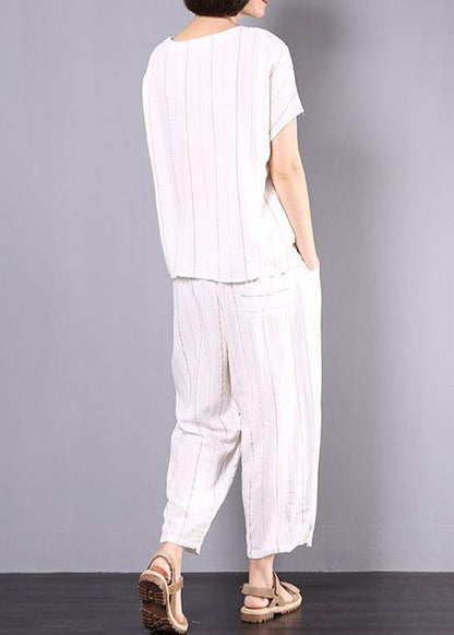 Summer White Striped Linen Tie Hem Tops and Elastic Waist Pants Two Pieces