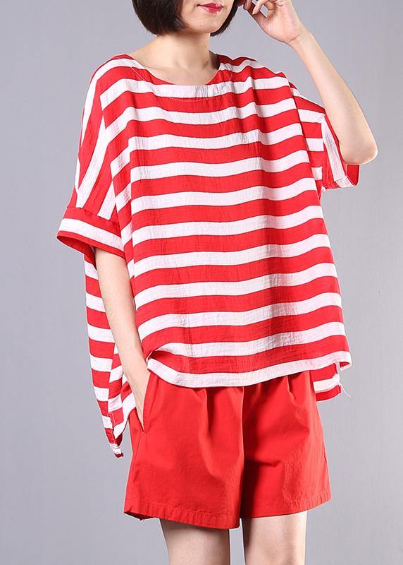 Summer Two Pieces Red Striped O Neck Tops and Shorts