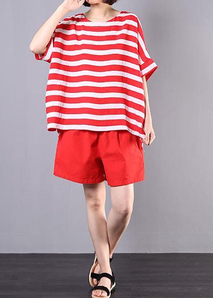 Summer Two Pieces Red Striped O Neck Tops and Shorts