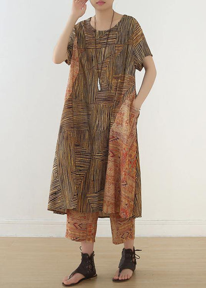 Summer Yellow Linen Short Sleeve Shirt Dress With Wide Leg Pants