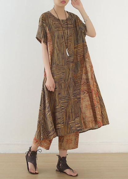 Summer Yellow Linen Short Sleeve Shirt Dress With Wide Leg Pants