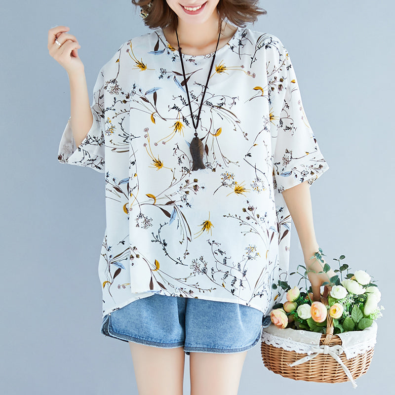 Summer White Print Silk Tops Tie Bust Short Sleeve T Shirt