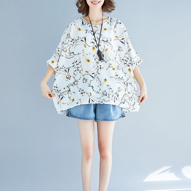 Summer White Print Silk Tops Tie Bust Short Sleeve T Shirt