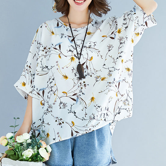 Summer White Print Silk Tops Tie Bust Short Sleeve T Shirt