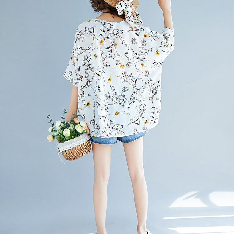 Summer White Print Silk Tops Tie Bust Short Sleeve T Shirt