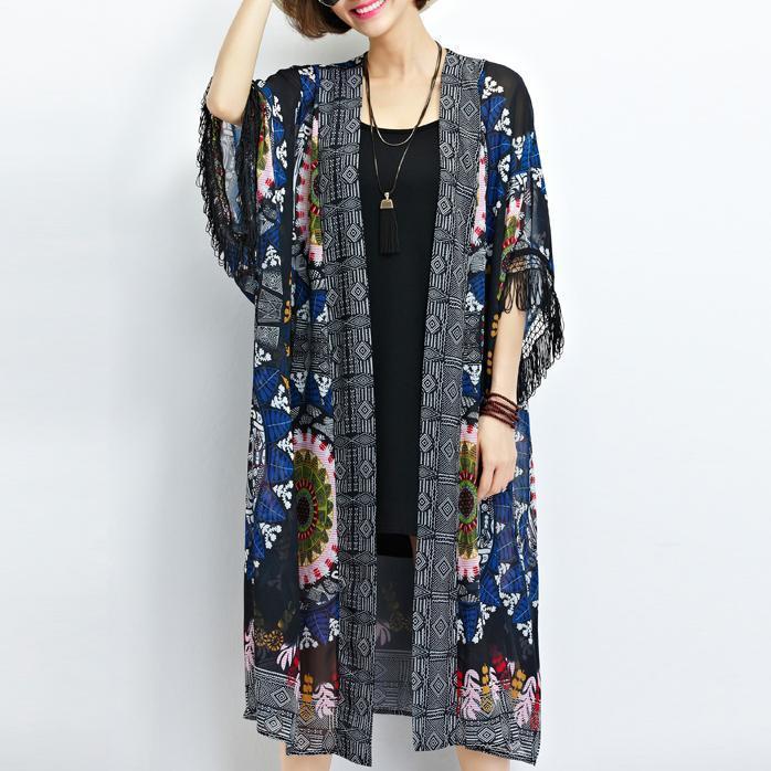 Sundress New Black Prints Chiffon Cardigans Tassel Half Sleeve Summer Outwear