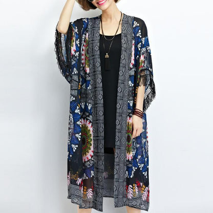 Sundress New Black Prints Chiffon Cardigans Tassel Half Sleeve Summer Outwear