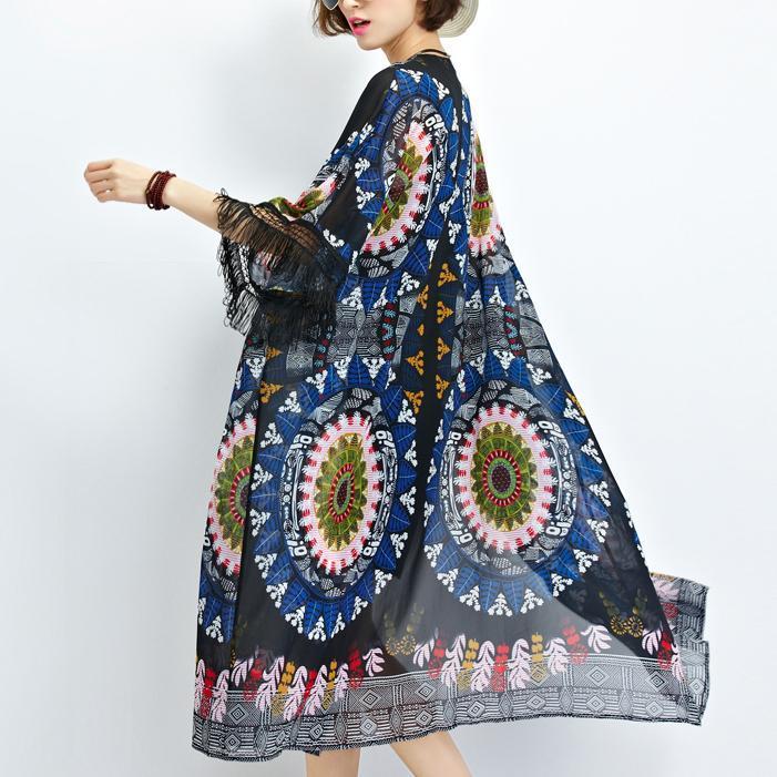 Sundress New Black Prints Chiffon Cardigans Tassel Half Sleeve Summer Outwear