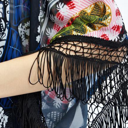 Sundress New Black Prints Chiffon Cardigans Tassel Half Sleeve Summer Outwear