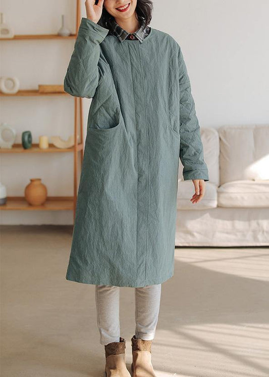 Thick Loose Fitting Warm Coat Gray Green O Neck Thick Coats