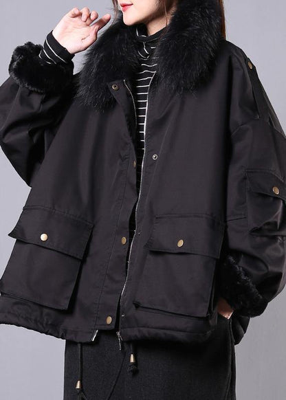 Thick Black Outfit Oversize Jackets & Coats Pockets Faux Fur Collar Overcoat