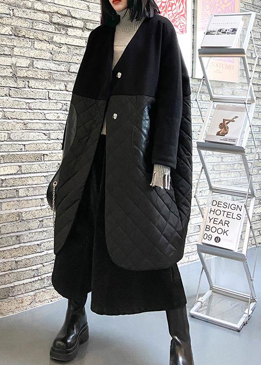 Thick Black Overcoat Clothing Down Jacket V Neck Patchwork Winter Coats