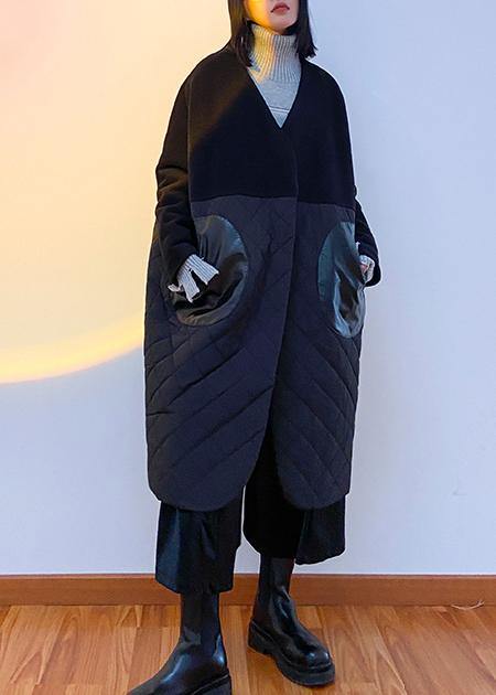 Thick Black Overcoat Clothing Down Jacket V Neck Patchwork Winter Coats