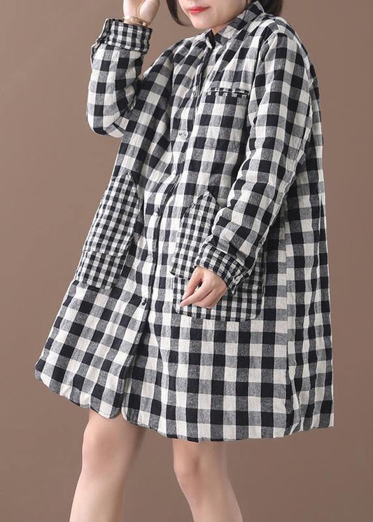 Thick Black White Plaid Winter Coats Warm Stand Collar Pockets Overcoat