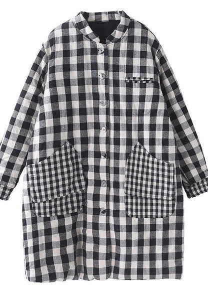 Thick Black White Plaid Winter Coats Warm Stand Collar Pockets Overcoat