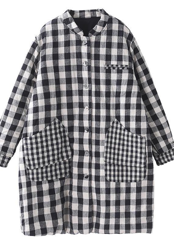 Thick Black White Plaid Winter Coats Warm Stand Collar Pockets Overcoat