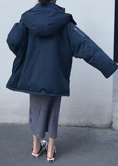 Thick Dark Blue Parkas Down Jacket Winter Outwear Hooded