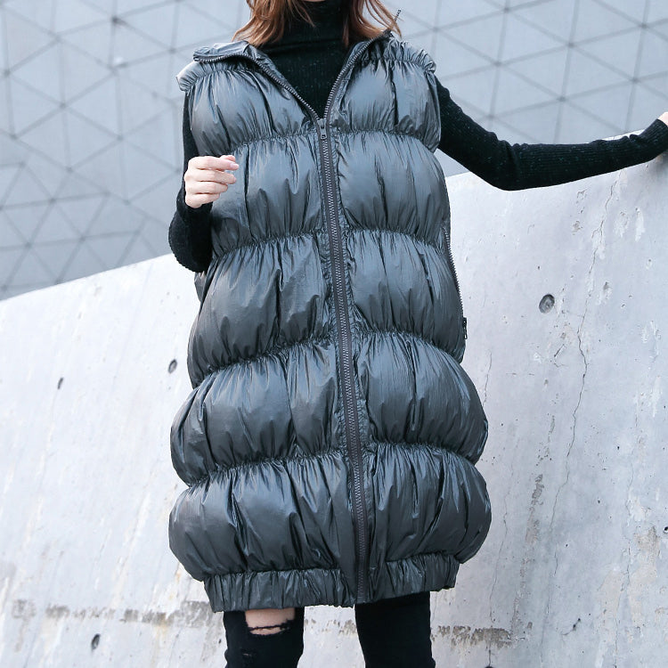 Thick Gray Down Jacket Hooded Zippered Parka Fine Sleeveless Tunic Coat
