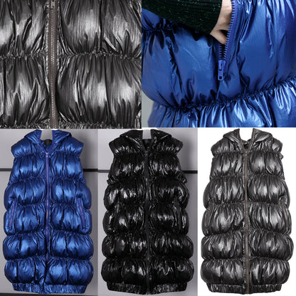 Thick Gray Down Jacket Hooded Zippered Parka Fine Sleeveless Tunic Coat