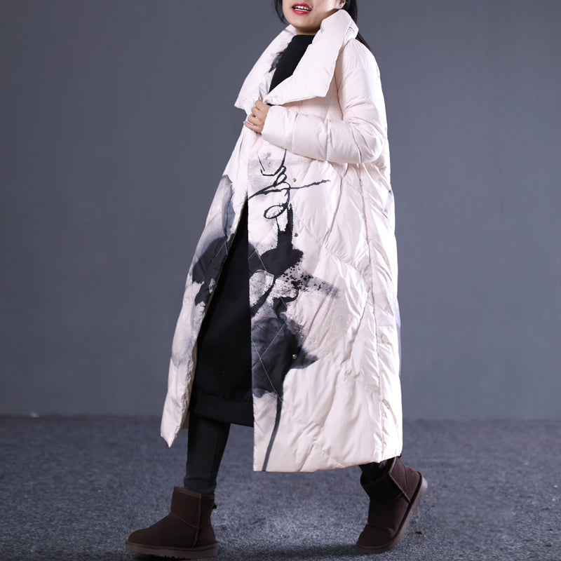 Thick Light Nude Print Quilted Coat Stand Collar Puffers Jackets Pockets Zippered Puffers Jackets