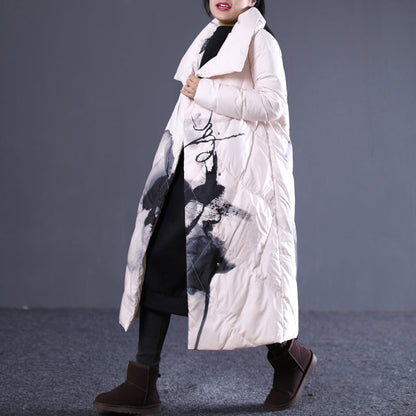 Thick Light Nude Print Quilted Coat Stand Collar Puffers Jackets Pockets Zippered Puffers Jackets