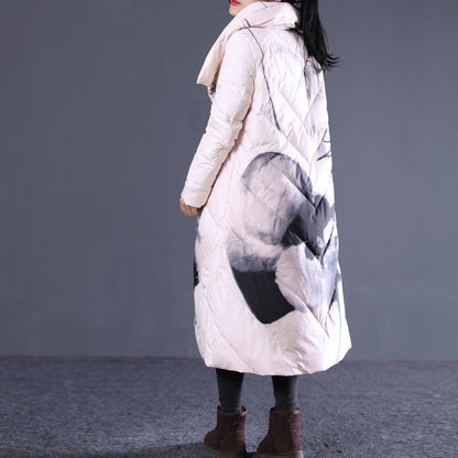 Thick Light Nude Print Quilted Coat Stand Collar Puffers Jackets Pockets Zippered Puffers Jackets