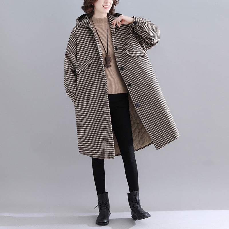 Thick Plaid Parkas Hooded Warm Winter Coat Long Sleeve Winter Coats