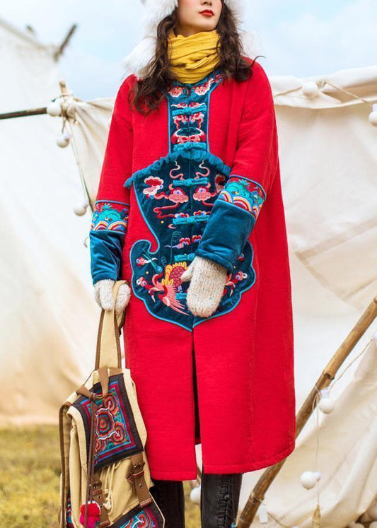 Thick Jackets & Coats Embroidery Winter Outwear Red Chinese Button Parkas for