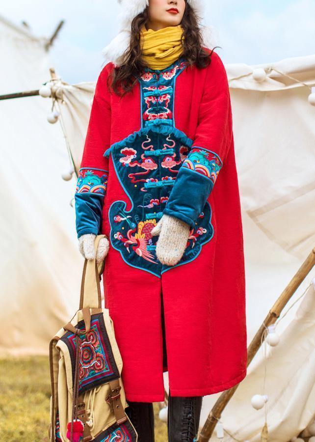 Thick Jackets & Coats Embroidery Winter Outwear Red Chinese Button Parkas for